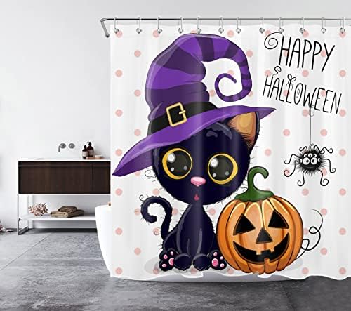 Lb halloween abóboras de chuveiro conjunto de cortinas de desenho animado gato magia chapéu de banheiro decoração de festa de cortina, ganchos de cortina de banho incluem, tecido de poliéster à prova d'água de 72x72 polegadas