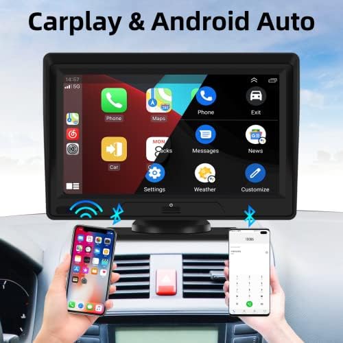 Hodozzy portátil sem fio Apple CarPlay Android Auto Dash montado em 7 polegadas IPS Touchscreen Carcreen Stéreo com câmera frontal, fm, aux, bluetooth handsfree, wifi, link de espelho, GPS, Siri Voice Control