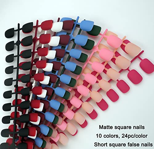 240pc Kids Square Square Matte Press em unhas Round Stright False unhas 10 cores coloridas Decoração de design de manicure