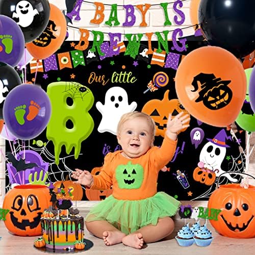 Decorações de chá de bebê de Halloween, glitter Um bebê é banner de fabricação, balões de látex, toppers de bolo e halloween pequeno