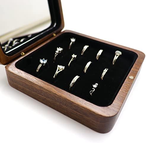 Caixa de exibição de anel de madeira rústica dshom com espelho portátil 12 slots Rings Organizer Holder Bandey