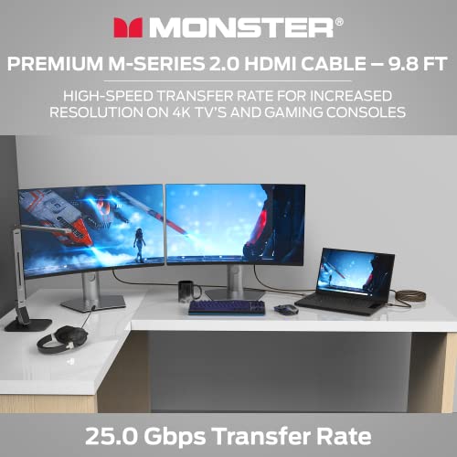 Monster M -Series Certified Premium HDMI Cable 2.0, possui 4K Ultra HD a uma taxa de atualização de 60Hz, jaqueta duraflex e blindagem de camada tripla, 25 Gbps - 9,8 pés