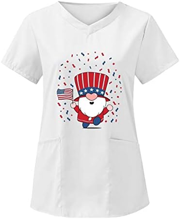 4 de julho Camisas para mulheres bandeira dos EUA T-shirt de manga curta V pescoço com 2 bolsos Blush Top Holiday