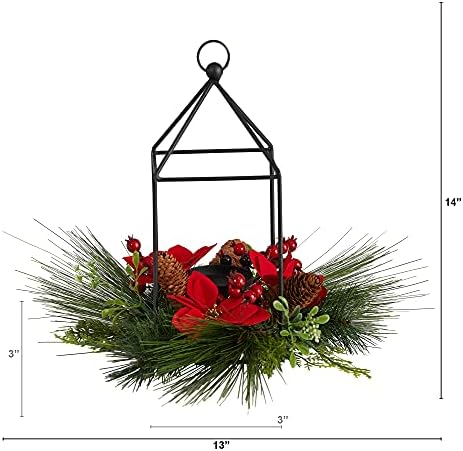 Quase natural 14in. Christmas Poinsettia, Berry e Pinecone Metal Veller Titular de Natal Artigo de mesa artificial