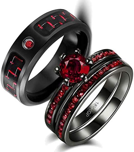 Anel de casamento Conjunto dois anéis His Hers Couples Combation Rings Rings 2pc Black Gold Gold Red CZ noivado