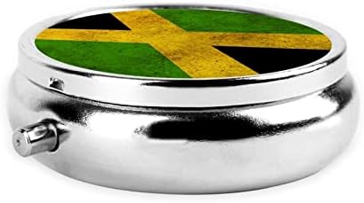Caixa de comprimidos de bandeira jamaicana velha, caixa de comprimidos redondos, caixa de comprimidos de três compartimentos de metal, fácil de transportar
