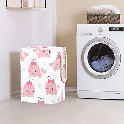 Deyya Whale White Laundry Basket com alças dobráveis ​​cesto de lavanderia embutida com suportes destacáveis ​​Organização de roupas