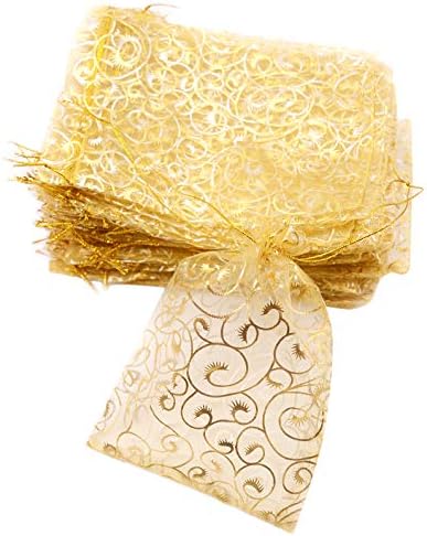 Favorias de casamento pequenas sacolas de presente, 100pcs 2,8x3,6 polegadas Bolsas de organza de ouro para festas Bolsas de doces