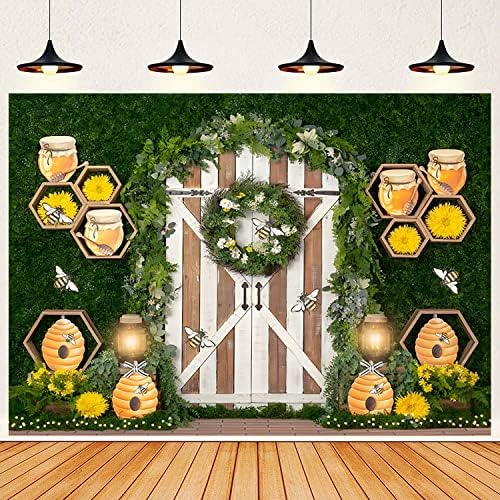 7x5 pés de primavera folhas verdes cenário, porta rústica de madeira vegetação parede floral abelhas mel fotografia background