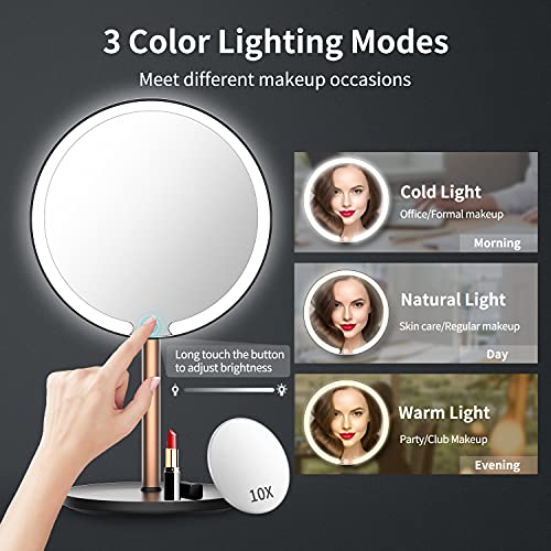 Espelho de maquiagem iluminado LED, espelho de vaidade LED recarregável com 10x de ampliação Mini espelho destacável - sensor