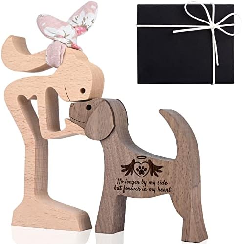 Kingnow Perda de simpatia de cães Presente Girl and Dog Wood Sculpture Pet Memorial Gifts