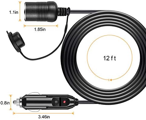 Astroai 12ft/12v Cigarte Extension Cord, soquete masculino a fêmea 120W/15A Cordão de extensão pesada, compatível com