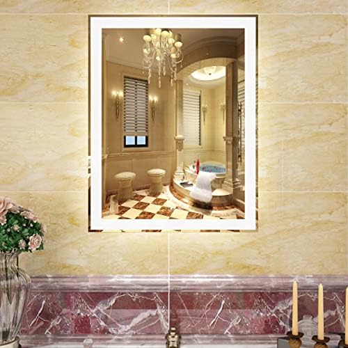 Espelho de banheiro de Voxita LED 28x22 polegadas Espelho de vaidade iluminado anti-capa diminuído, luz branca/luz