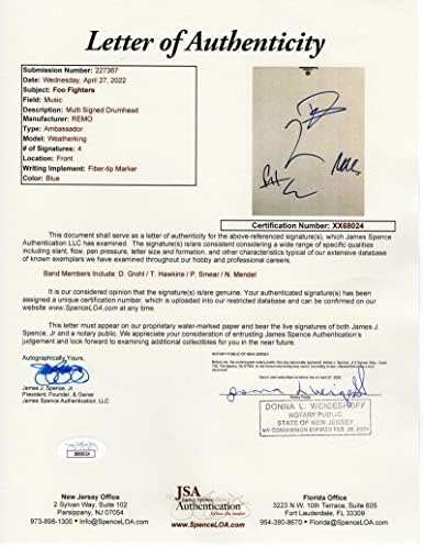 Foo Fighters Band assinou o Autograph 14 Drumhead com James Spence JSA Carta de Autenticidade - Assinada por Dave Grohl, Taylor Hawkins, Nate Mendel, Pat Smear - Sylvia e os Cavaleiros de Coattail, a cor e a forma, não há nada a perder , Um por um, em sua homenagem, desperdiçando luz, rodovias so