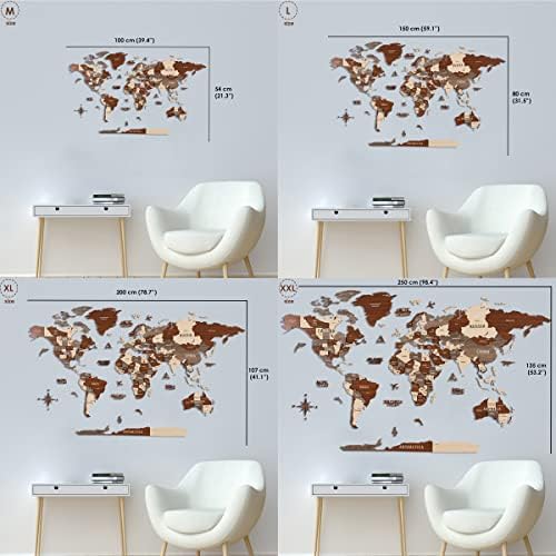 Mapa mundial de madeira 3D com várias camadas, mapa de viagem com estados e capitais, decoração de parede para a nova