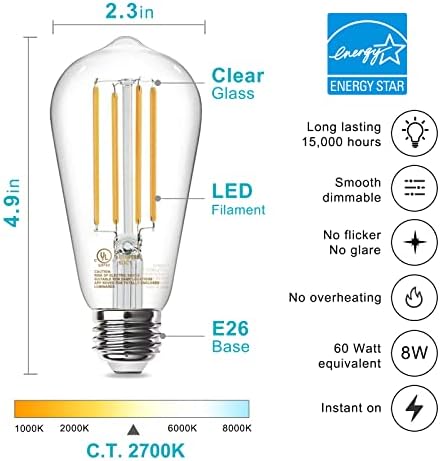 TJOY 12 Pacote de lâmpadas Edison 6 60W Lâmpadas LED vintage equivalentes, e26, Base média, branca quente 2700k, ST58,