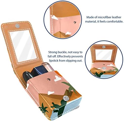 Caixa de batom Oryuekan com espelho bolsa de maquiagem portátil fofa, bolsa cosmética, cartoon cacto de coco árvore deserto sol