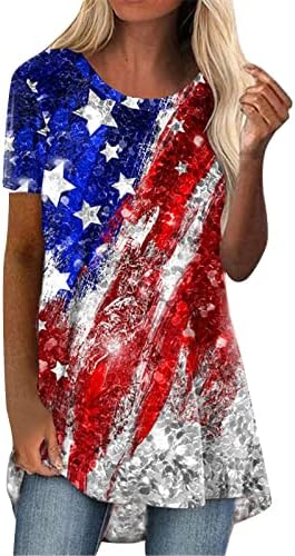 4 de julho Camisetas para mulheres de manga curta Túnica de túnica American Flag Star