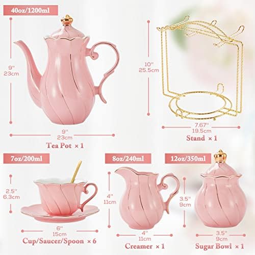 DUJUST 22 PCS Conjunto de chá de porcelana para 6, luxuosos de chá/xícara de café de estilo britânico com acabamento