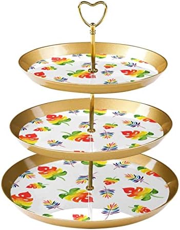 Conjunto de exibição de mesa de sobremesa, suporte de cupcakes de ouro, estandes de sobremesa, bandeja de porção de 3 camadas, suporte de camada de bolo, suporte de bolo de casamento para mesa de sobremesa, folhas de planta tropical do arco -íris Monstera