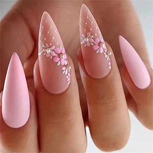 24pcs flores rosa unhas falsas capa completa amêndoa prenda curta em unhas com cola para mulheres e meninas unhas art manicure decoração