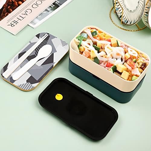 Geométrico com triângulos Stripes Dots Double Cayer Bento lancheira com utensílios de utensílios de almoço empilhável inclui
