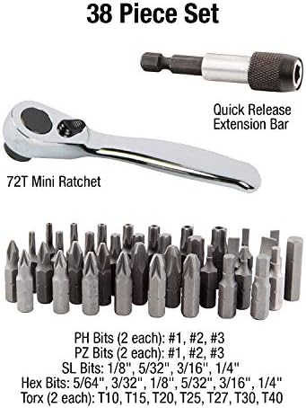 Sunex Sunex 9726 Mini Ratchet e Bit Set, 1/8 polegada-1/4 polegada S2 bits, 5/64 polegadas-1/4 polegada de bits, prata de 38 peças