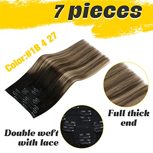 Facos - 2 itens: Clip on Hair Extensions Human Balayage preto a marrom com loiro de 14 polegadas em extensões de cabelo cabelos