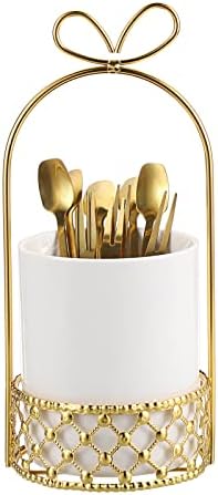 Juxyes Toutware Ceramic Toutware para mesa de mesa, suporte de talheres brancos com suporte de metal dourado, titular de talheres decorativos Organizador de utensílios de utensílios de bancada para mesas de jantar de cozinha de casamento