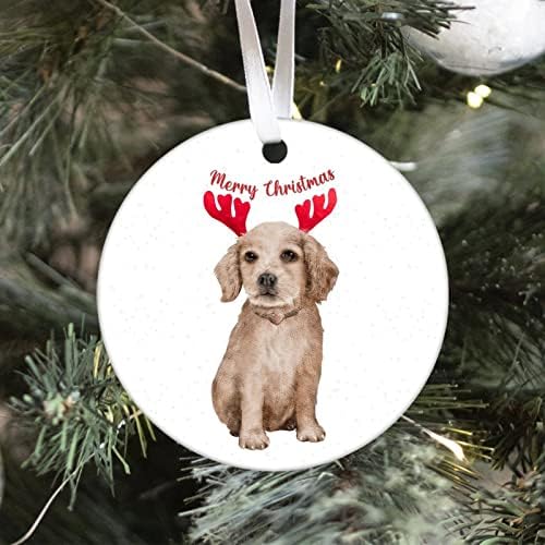 Cachorro com chifres de christmas, ornamento de cerâmica de cão feliz, animal de estimação com ornamento de chifres, animal de