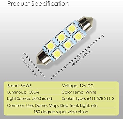 Sawe-44mm 6-SMD 5050 Festoon Dome Mapa Interior Lâmpadas LED lâmpadas Lâmpadas para 6411 578 211-2 212-2