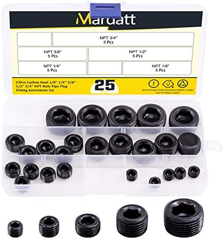 Mardatt 25pcs NPT conjunto de plugue de plugue kit de variedade de plugue 1/8 1/4 3/8 1/2 3/4 Frea de aço carbono macho de aço carbono