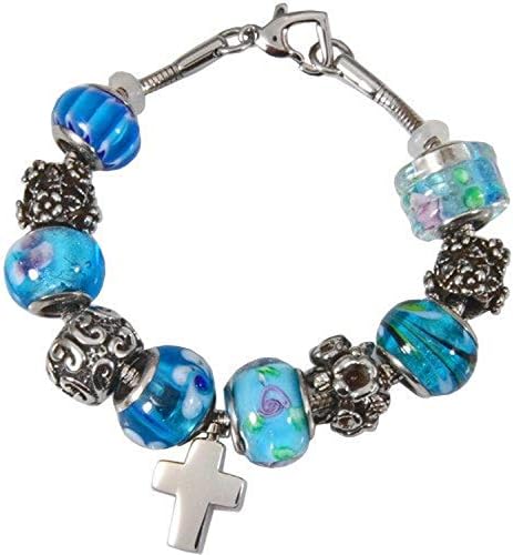 Memorial Gallery Celestial Blue Remembrance Bead Pet Cross Urn Charm Bracelet, 8