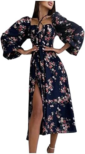 FMCHICO feminino 2023 Primavera no verão Halter Ruffle Mini vestido de impressão floral de manga longa