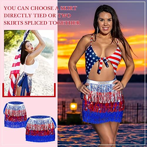 MEPASE 2 PCS Independence Day de lantejoulas de lantejoulas Saias da barriga dança Fringe Sconho BOHO Fantas femininas femininas para