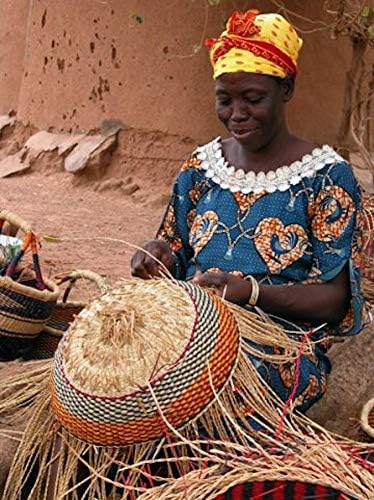 Cesta de mercado africano, grande cesta de palha oval com organizador de armazenamento de comércio justo