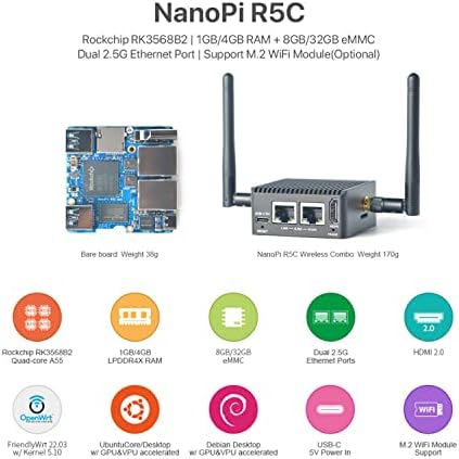 Nanopi R5C Mini WiFi Router OpenWrt com PCIE dual 2,5 Gbps Ethernet M.2 Chave E USB PORTS 1GB LPDDR4X RAM 8GB EMMC com base