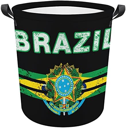 Cestas de lavanderia estampadas de bandeira brasileira com alças de roupas redondas dobráveis ​​e redondos de roupas saldoas de salas