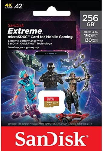 Sandisk 256 GB Extreme MicroSDXC para jogos móveis, até 190 MB/s, com A2 App Performance, UHS-I, Classe 10, U3, V30