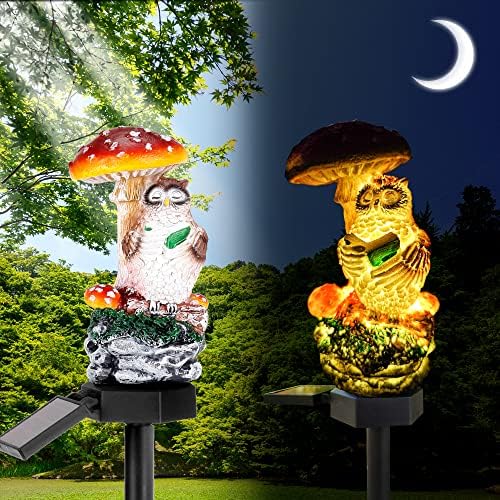Xurleq Garden Solar Light Decor Outdoor, coruja de resina com luz solar de cogumelos LED