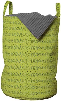 Bolsa de lavanderia de natal de Ambesonne, Inverno com tema de neve de neve, árvores de cenas de doce banheiros, cesto de cesto com alças fechamento de cordão para lavanderias, 13 x 19, amarelo verde verde amarelo verde verde