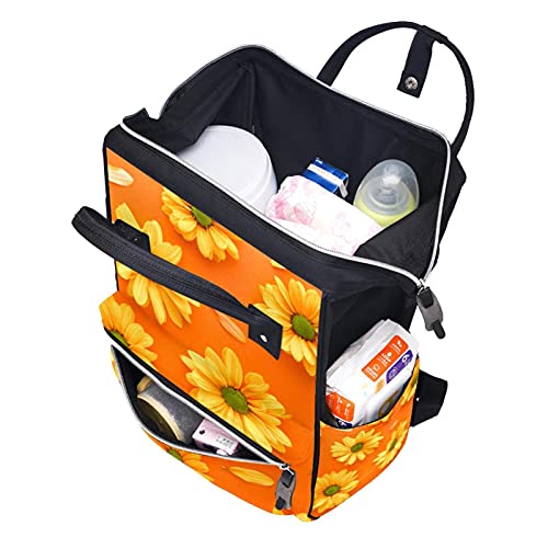 Padrão de girassol em uma bolsa de fraldas de fundo laranja Backpack Mummy Backpack de grande capacidade Bolsa de enfermagem