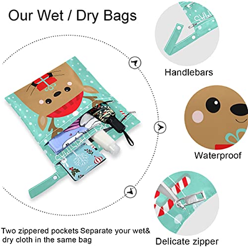 VISESUNNY Feliz Natal Raindeer 2pcs bolsa molhada com bolsos com zíper bolsa de fraldas lagartas laváveis ​​para viajar, praia,