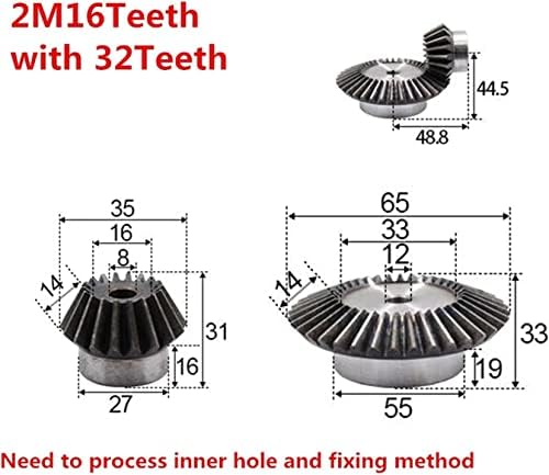 Bienka 1: 2 engrenagem chanfrada 2 módulo 16t+32teets hole interno 12mm 90 graus comutação de aço engrenagens de aço parafuso