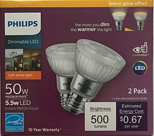 Philips LED LED PAR20 PAR20 Lâmpada de inundação interna de 40 graus com efeito de brilho quente 500 lúmen, 2200-2700-Kelvin, 5,5 watts, base E26, branco macio, 2-pacote 2