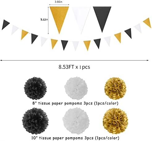 Decorações de aniversário de 50º aniversário Banner de homens -mulheres - 8pcs preto de guirlanda de ouro branco, papel de papel pom pom pom flores, feliz aniversário de 50 anos decorações e suprimentos decoração panduola