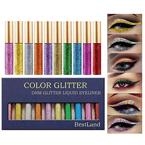 Bestland 10 cores delineador de glitter líquido e 10 cores de sombra de glitter líquido Conjunto