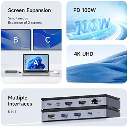 Hagibis Display Dune USB C Station, delicado hub USB C 8 em 1 Adaptador do dongle tipo C com 4K@60Hz HDMI, 100W PD3.0,