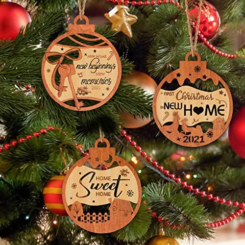 Creawoo Nosso primeiro Natal em novos ornamentos de madeira em casa 2021, conjunto de 3 casas doces, novos iniciantes e memórias