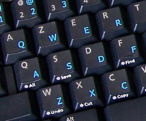 Decalques de teclado em inglês nos EUA em fundo transparente com letras pretas, azuis, laranja ou brancas